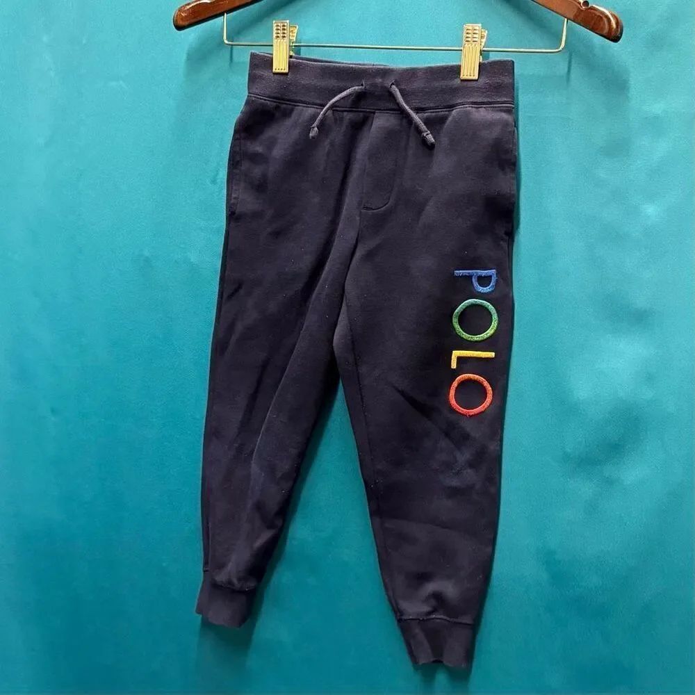 Polo Ralph Lauren 5 Navy Blue Jogger Pants Rainbow Embroidery Sporty Casual Prep